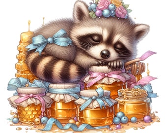 10 imágenes PNG de tarros de miel con mapaches durmiendo, arte de sublimación floral con diseño de panal.