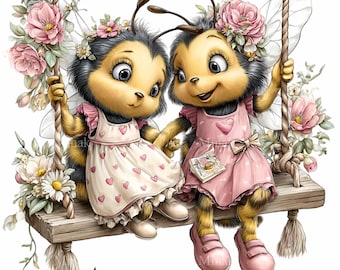 15 PNG-Cliparts mit zwei Bienen-Schaukeln, Sublimationsdesigndatei für Schwestern mit rosa Blumenkleid