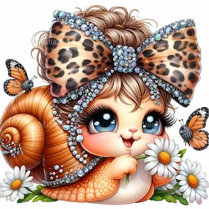 15 niedliche Schnecke PNG Clipart mit Leoparden Bogen und Gänseblümchen, großäugiges Cartoon-Tier mit Blumen, wunderliche Frühlings-Schmetterling-Kunst