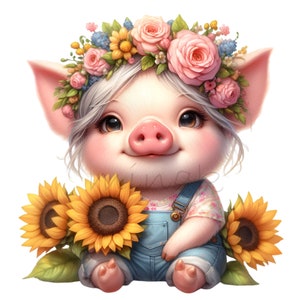 Cerdo Clipart PNG, 10 Girasol Lindo Cerdito Animal De Granja Clip Art, Corona De Flores Imprimible, Cerdito Bebé Lindo Pastel, Fabricación De Tarjetas DIY