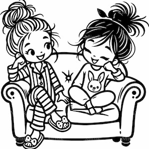 5 人のかわいいパジャマの女の子の SVG - スリッパを履いてソファで笑っている 2 人の愛らしい女の子 - 楽しいお泊まり会のクリップアート