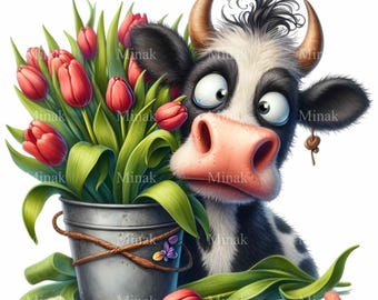 10 PNG Tulip Cow Clipart, Spring Heifer Floral Bucket, Farmhouse Garden