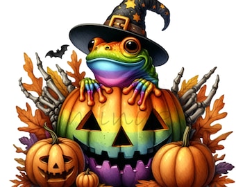15 Rainbow Frog Witch Pumpkin PNG, Halloween Spooky Toad Jack Lantern Craft Artwork
