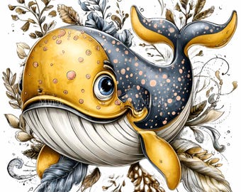 15 PNG Wunderliche Wal Clipart - Ozean Tier Illustration für Kinderzimmer Kunst, Kinderzimmer Dekor, Sublimationsdesigns, Handwerksdruck