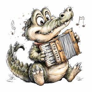 14 png accordeonmuziek clipart – schattige krokodil png – leuke muzikale dierenkunst voor kinderen, verjaardagskaarten, scrapbooking en knutselen