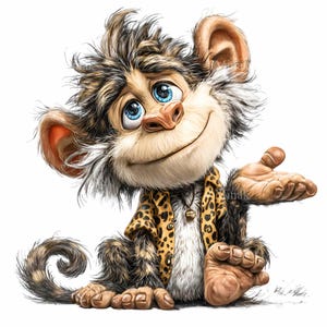 May include: A cartoon monkey with blue eyes, a friendly smile, and a leopard-print jacket. The monkey is sitting down and has its hand extended, as if offering something. The monkey's fur is a mix of brown, white, and gray.