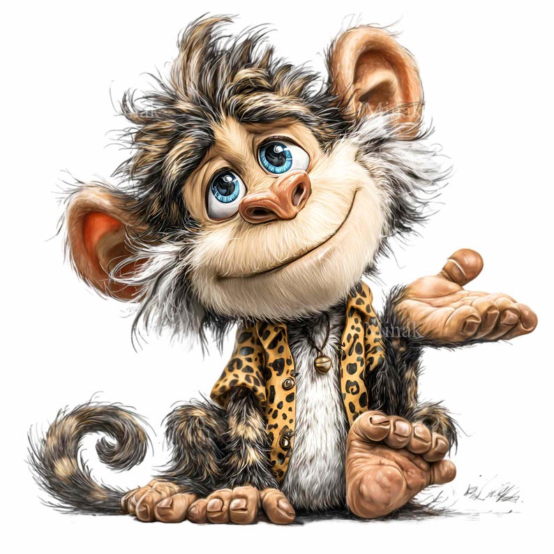 May include: A cartoon monkey with blue eyes, a friendly smile, and a leopard-print jacket. The monkey is sitting down and has its hand extended, as if offering something. The monkey's fur is a mix of brown, white, and gray.