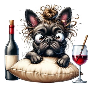 12 eigenzinnige Franse Bulldog PNG met topknoop en wijn PNG-clipart, digitale download, leuke hondillustratie