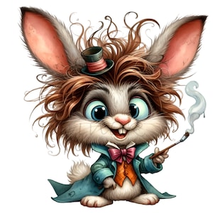 12 Bunny PNG Clipart – Coniglio divertente in abito con capelli selvaggi, papillon, cappello, pipa da tè, arte del coniglietto