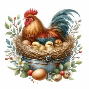 11 coq et poussins PNG Clipart - nid de ferme rustique avec des oeufs, seau vintage et fleurs, téléchargement numérique, sublimation
