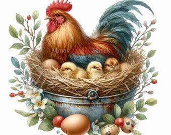 11 Rooster Nest PNG, Bucket Chick Clipart, Farmhouse Egg Art