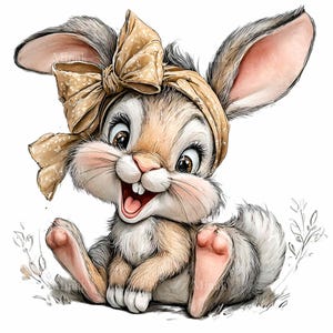 Puede incluir: Un alegre conejo de dibujos animados con pelaje marr&oacute;n y blanco, que lleva un lazo y una diadema color beige. El conejo est&aacute; sentado con la boca abierta en una sonrisa. La imagen tiene un estilo suave de acuarela.