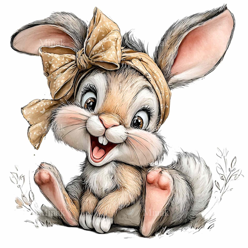 Puede incluir: Un alegre conejo de dibujos animados con pelaje marr&oacute;n y blanco, que lleva un lazo y una diadema color beige. El conejo est&aacute; sentado con la boca abierta en una sonrisa. La imagen tiene un estilo suave de acuarela.