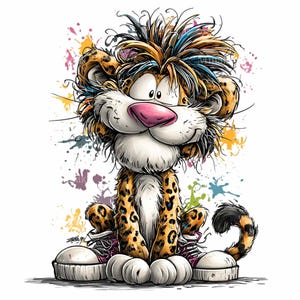Puede incluir: Ilustración de dibujos animados de una criatura sonriente con aspecto de leopardo con una nariz rosada, que lleva zapatillas deportivas. La criatura tiene el pelo desordenado con reflejos azules y está cubierta de manchas. Salpicaduras de pintura coloridas en el fondo.
