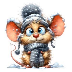12 PNG mignon hiver souris PNG Clipart avec de grands yeux, un chapeau de neige et une écharpe pour cartes de Noël, décoration pour enfants, conception par sublimation