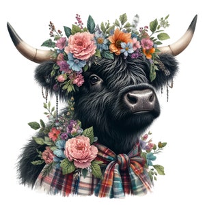 14 imágenes prediseñadas de vaca de las Tierras Altas con corona floral y bufanda a cuadros, arte de toro negro para decoración de casas de campo y manualidades campestres.
