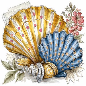 May include: An illustration of seashells and floral elements. The image features a large, fan-shaped shell in yellow with pink polka dots and a blue shell with orange dots. Delicate flowers and leaves surround the shells, creating a coastal theme.