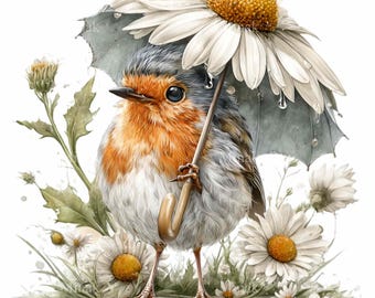 15 PNG Robin Bird Clipart, Daisy Umbrella Garden, Spring Floral Sublimation