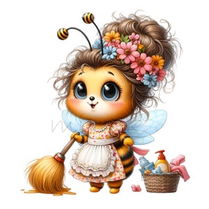 May include: A cartoon illustration of a bee character with large blue eyes, wearing a floral dress and apron, holding a broom. The bee has brown hair adorned with flowers and antennae. A basket of cleaning supplies sits nearby.
