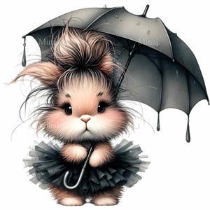 12 imágenes prediseñadas de conejito lindo PNG, ilustración de conejito con paraguas, arte de conejito en un día lluvioso, decoración de guardería con tutú negro
