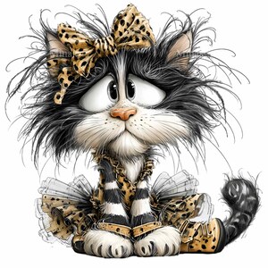 May include: A cartoon illustration of a cat with black and white fur, wearing a leopard print bow, collar, and tutu. The cat has large, expressive eyes and is sitting down. The image has a whimsical and playful style.