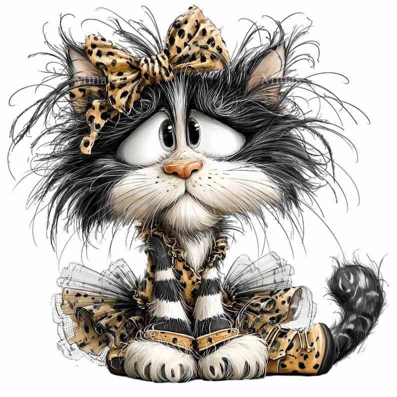 May include: A cartoon illustration of a cat with black and white fur, wearing a leopard print bow, collar, and tutu. The cat has large, expressive eyes and is sitting down. The image has a whimsical and playful style.