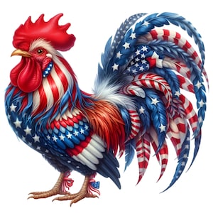 以下が含まれることがあります： アメリカの国旗を思わせる、赤、白、青の羽根を持つ雄鶏。雄鶏は白い背景に立っている。