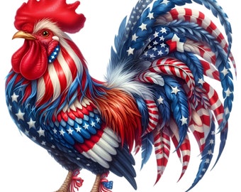 15 PNG Patriotic Rooster American Flag Sublimation, 4th of July Farmhouse Chicken Clipart