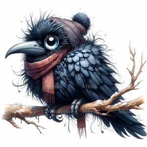 10 corbeau d'hiver PNG Clipart - Joli oiseau noir avec de grands yeux, un chapeau et une écharpe sur une branche enneigée - Art numérique par temps froid