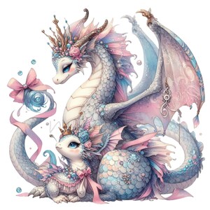 May include: A pair of pastel blue and pink dragons with pearl-like scales and intricate details. The larger dragon has wings and a crown, while the smaller dragon has a crown and a bow. Both dragons have a whimsical and magical appearance.
