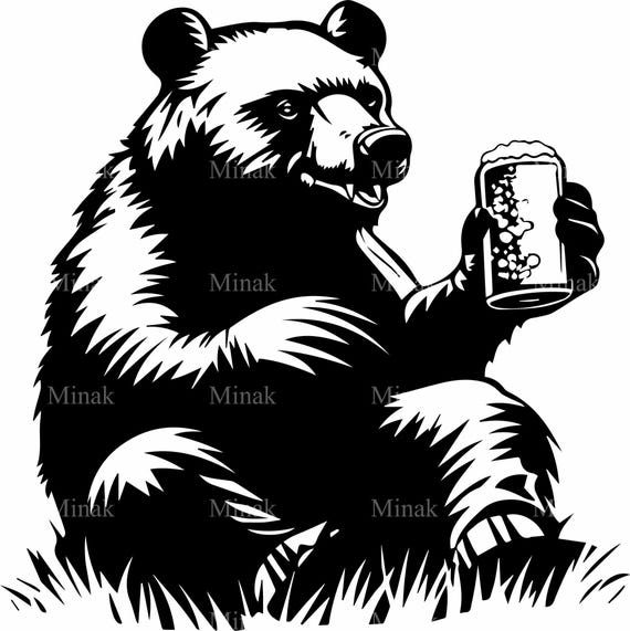4つのSVG画像：ビールジョッキでビールを飲むクマのシルエット、面白い