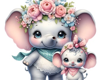 May include: Two adorable cartoon elephants, one larger than the other, with pink ears and blue eyes. The larger elephant wears a floral crown and a blue bandana, while the smaller elephant wears a pink bandana with a bow. Both elephants have a sweet and playful expression.