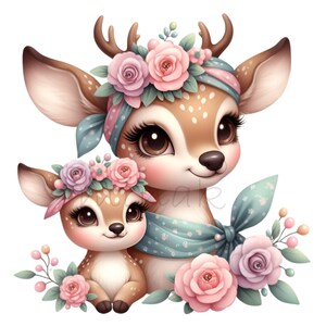 Puede incluir: Una madre y un cervatillo con pelaje marr&oacute;n y manchas blancas, que llevan coronas de flores y bandanas azules y blancas. Est&aacute;n rodeados de flores rosas y moradas y hojas verdes.
