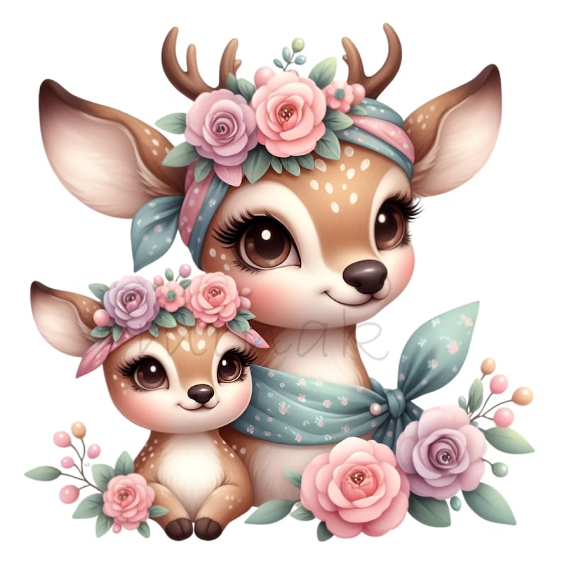 Puede incluir: Una madre y un cervatillo con pelaje marr&oacute;n y manchas blancas, que llevan coronas de flores y bandanas azules y blancas. Est&aacute;n rodeados de flores rosas y moradas y hojas verdes.