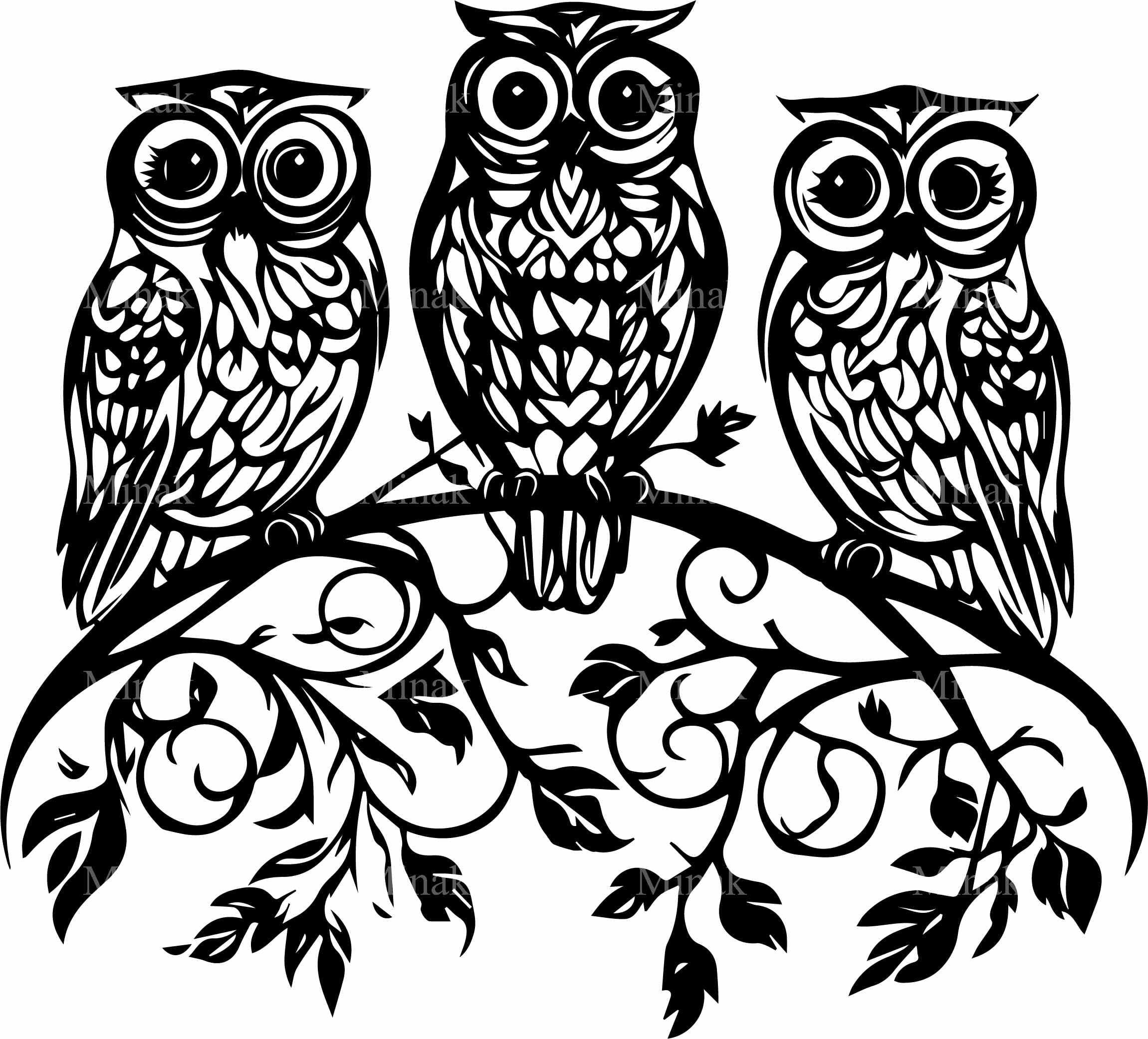 4 SVG Three Owls On Branch, Intricate Bird Wildlife Silhouette