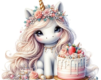 May include: A white unicorn with a gold horn and a pink and white flower crown sits next to a pink and white layered cake with white frosting and pink and red strawberries. The unicorn has blue eyes and a gold necklace. The cake is on a gold plate.