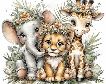 15 PNG Safari Jungle Animals Clipart – Elephant Lion Giraffe PNG for Nursery Wall Art, Baby Shower Invitations, Birthday Decor & Crafts