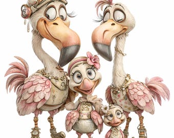 15 PNG Flamingo Family Clipart, Tropical Bird Portrait, Pink Animal Sublimation