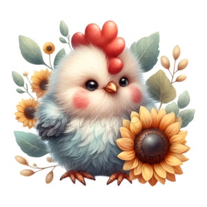 12 lindos pollos esponjosos PNG, imágenes prediseñadas de gallo girasol, arte digital de pollito de granja, descarga de imágenes PNG de cabaña de campo