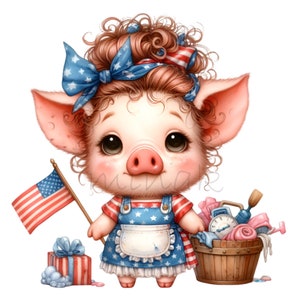 15 imágenes prediseñadas de cerdo de EE. UU. (PNG): cerdito del 4 de julio (PNG): arte animal patriótico para decoración de bebés, manualidades estadounidenses y diseño de camisetas para niños.