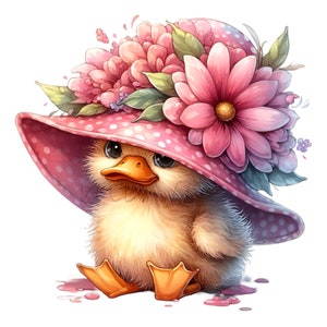 Schattig eendje met gebloemde hoed png-clipart, illustratie 14 babyeendjes, leuke dierenkunst voor knutselen
