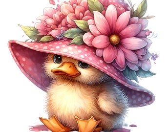 14 PNG Pink Floral Duckling Clipart, Spring Duckling, Garden Bird Sun Hat Chick
