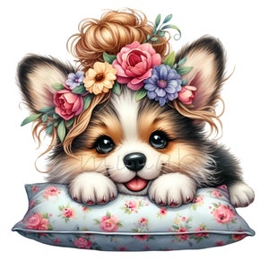 12 bloemen puppy PNG-clipart - schattige hond met bloemkroon rustend op bloemenkussen - grillige digitale kunst downloaden