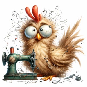 15 lustige Huhn Näherin PNG Clipart - Niedliche Nähmaschine Kunst mit Vintage Details und einem eigensinnigen Handwerks-Thema