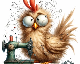 15 lustige Huhn Näherin PNG Clipart - Niedliche Nähmaschine Kunst mit Vintage Details und einem eigensinnigen Handwerks-Thema