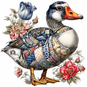 Può includere: Un'illustrazione stravagante di un'oca con un design patchwork. L'oca presenta un corpo bianco, una testa blu e bianca e un becco arancione. Il patchwork incorpora motivi floreali blu, rossi e beige. Fiori e fogliame circondano l'oca.
