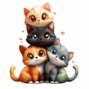 12 Cute Kittens PNG Clipart - Adorable Stack of Four Playful Kittens with Hearts - Digital Cat Art for Sublimation