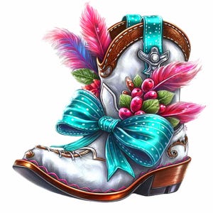 20 PNG botte de cow-girl PNG Clipart, botte western blanche avec fleurs et noeud, décoration printanière campagnarde, art numérique de la ferme