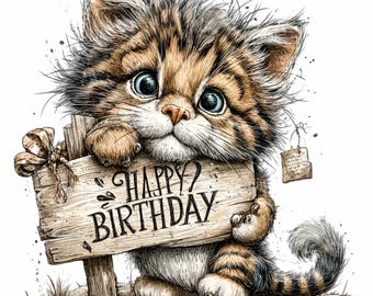14 Happy Birthday Cat Holding Sign Png, Wooden Board Kitten Fluffy Whiskers Clipart