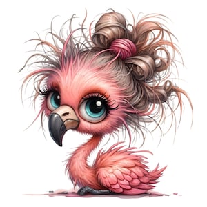 K&ouml;nnte beinhalten: Eine niedliche Illustration eines rosa Flamingos mit gro&szlig;en, ausdrucksstarken blauen Augen und langen Wimpern. Der Flamingo hat braunes Haar, das zu einem Dutt mit einem rosa Haargummi hochgesteckt ist. Der Stil ist cartoonhaft.